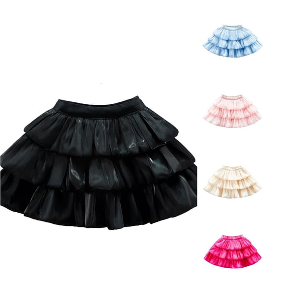 WAYUTE Skirts for Girls Satin Tiered Ruffle Skirt Shiny Tiered Cake Skirt Elastic Waist Party Skirt Casual Outdoor,Black,5-6 Y