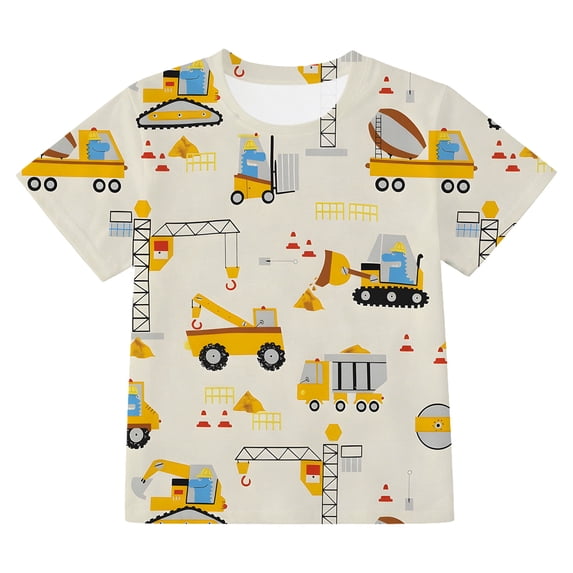 WAYUTE Summer Boys T Shirts Short Sleeve Construction Vehicle Print Crew Neck Breathable Basic Tee for Toddler Kids Casual Daily Wear,Beige,Size 3-4 Y
