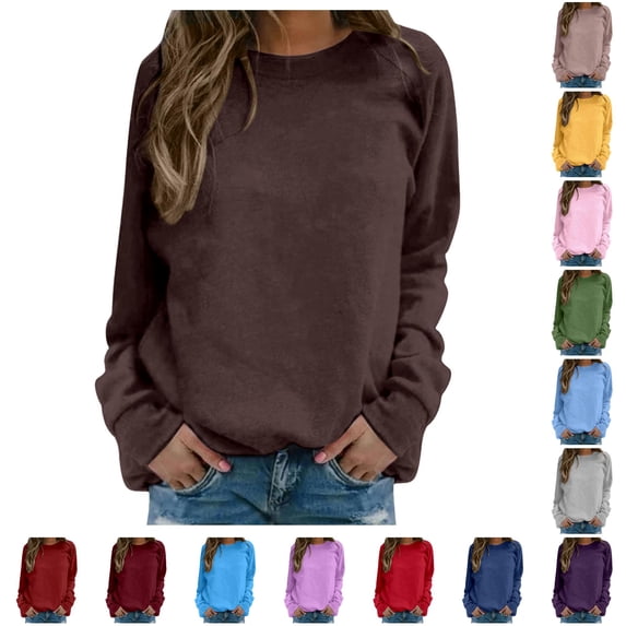 WAYUTE Sweatshirt for Women Long Sleeve Drop Shoulder Crew Neck Pullover Sweatshirt Warm Linen Solid Color Breathable Tunic Top Streetwear Casual Outdoor,Brown,S
