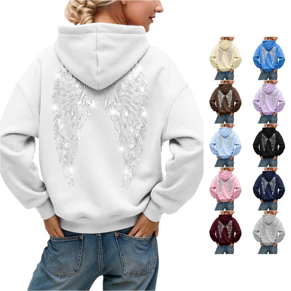 WAYUTE Sweatshirt for Women Oversized Long Sleeve Drop Shoulder Hooded Sweatshirt with Sparkly Rhinestone Wings Print Pullover Fashion Outfits Casual Outdoor,White,4XL
