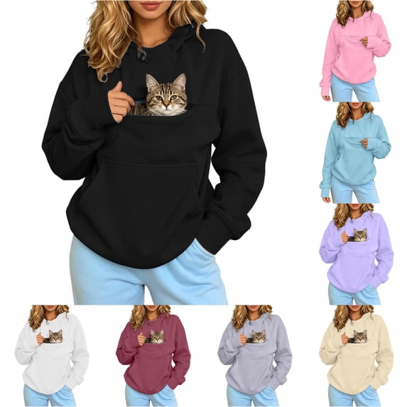 WAYUTE Sweatshirt for Women Pet Carrier Long Sleeve Hoodie Sweatshirt Zipper Pocket Drawstring Drop Shoulder Oversized Fall Fashion Clothes Tops Casual Outdoor,Black,L