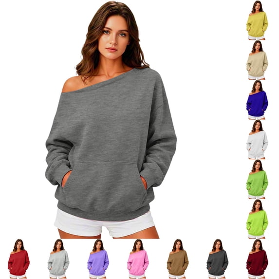WAYUTE Sweatshirt for Women Off The Shoulder Sweatshirt Drop Shoulder Long Sleeve Front Pocket Oversized Tunic Top Solid Color Fall Pullover Casual Outdoor,Dark Gray,S
