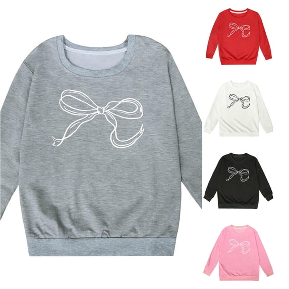 WAYUTE Sweatshirts for Girls Children Bow Print Long Sleeve Crewneck Sweatshirt for Toddler Girl Fall Clothes Fashion Casual Outdoor,Gray,Size 13-14 Y