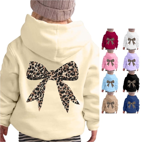 WAYUTE Sweatshirts for Girls Children Graphic Hoodies Long Sleeve Leopard Bow Print Cozy Soft Sweatshirt Kids Fall Outfits Casual Outdoor,Beige,Size 4-5 Y