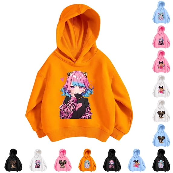 WAYUTE Sweatshirts for Girls Kids Child Long Sleeve Cartoon Graphic Hoodies Lightweight Fashion Versatile Fall Outfits Casual Streetwear,Orange,Size 11-12 Y