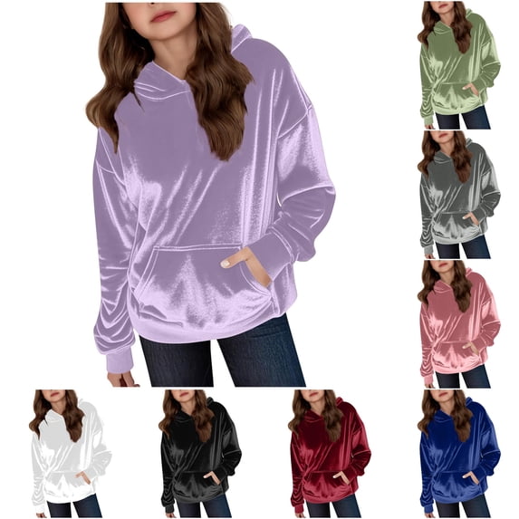 WAYUTE Sweatshirts for Girls Soft Lined Satin Long Sleeve Solid Color Warm Sweatshirts & Hoodies for Girls Fall Winter Casual Dailywear,Purple,Size 8-9 Y