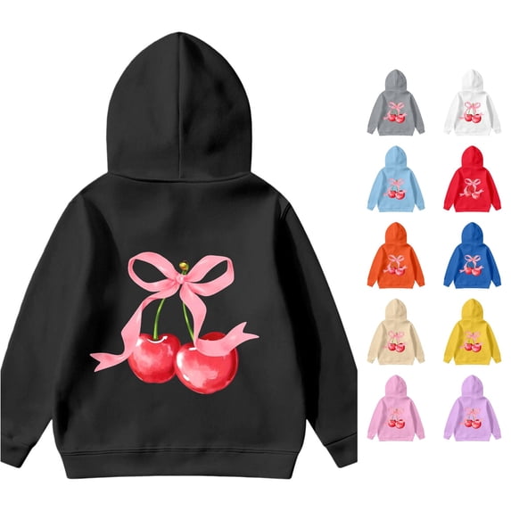 WAYUTE Sweatshirts for Girls Cherry Bow Print Long Sleeve Graphic Hoodies Loose Fit Cute Pullover for Kids Casual Holiday,Black,Size 3-4 Y