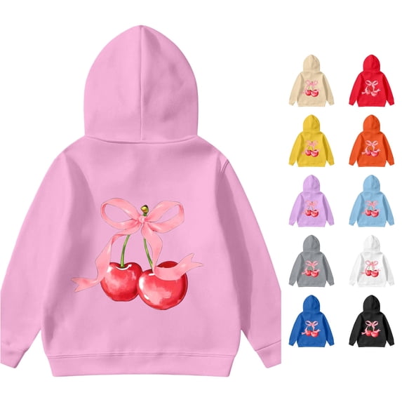 WAYUTE Sweatshirts for Girls Cherry Bow Print Long Sleeve Graphic Hoodies Loose Fit Cute Pullover for Kids Casual Holiday,Pink,Size 2-3 Y