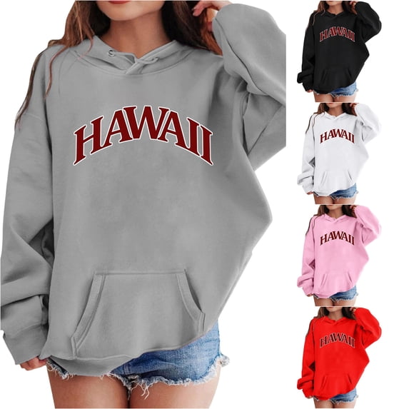 WAYUTE Sweatshirts for Girls Kids Hawaii Letter Print Hooded Sweatshirt Long Sleeve Fall Outfits Pocket for Child Casual Holiday,Gray,Size 3-4 Y