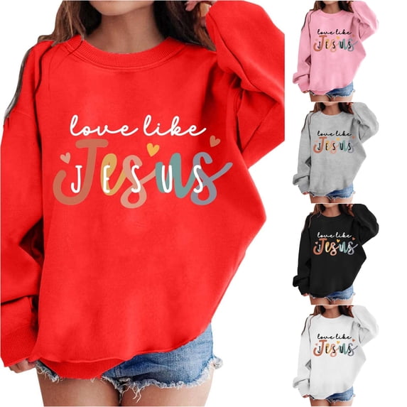 WAYUTE Sweatshirts for Girls Kids Letter Print Long Sleeve Crewneck Sweatshirt for Child Loose Fit Fall Outfits Casual Holiday,Red,Size 6-7 Y
