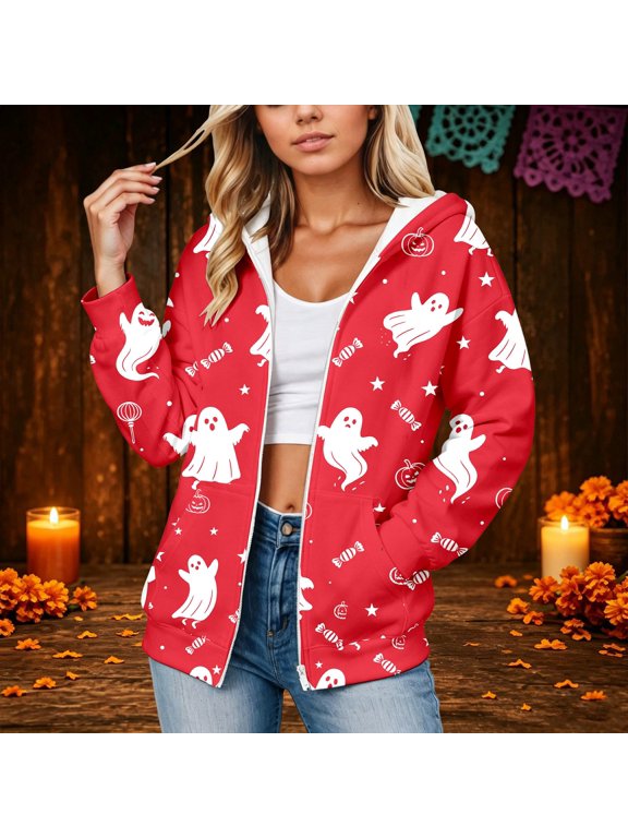 Sweatshirts for Women Funny Ghost Graphic Zip Up Hoodie Halloween Sweatshirt Long Sleeve Loose Fit Jacket Fashion Holiday Party
