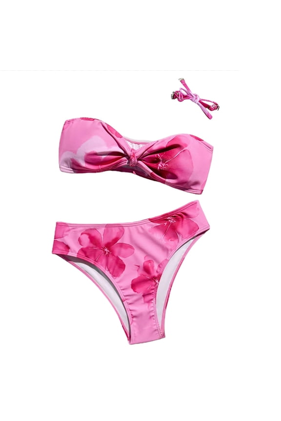 Swimsuit for Girls Cute Floral Print Strapless High Waisted Bikini 2 Piece for Kids Swimwear Party Water Activities