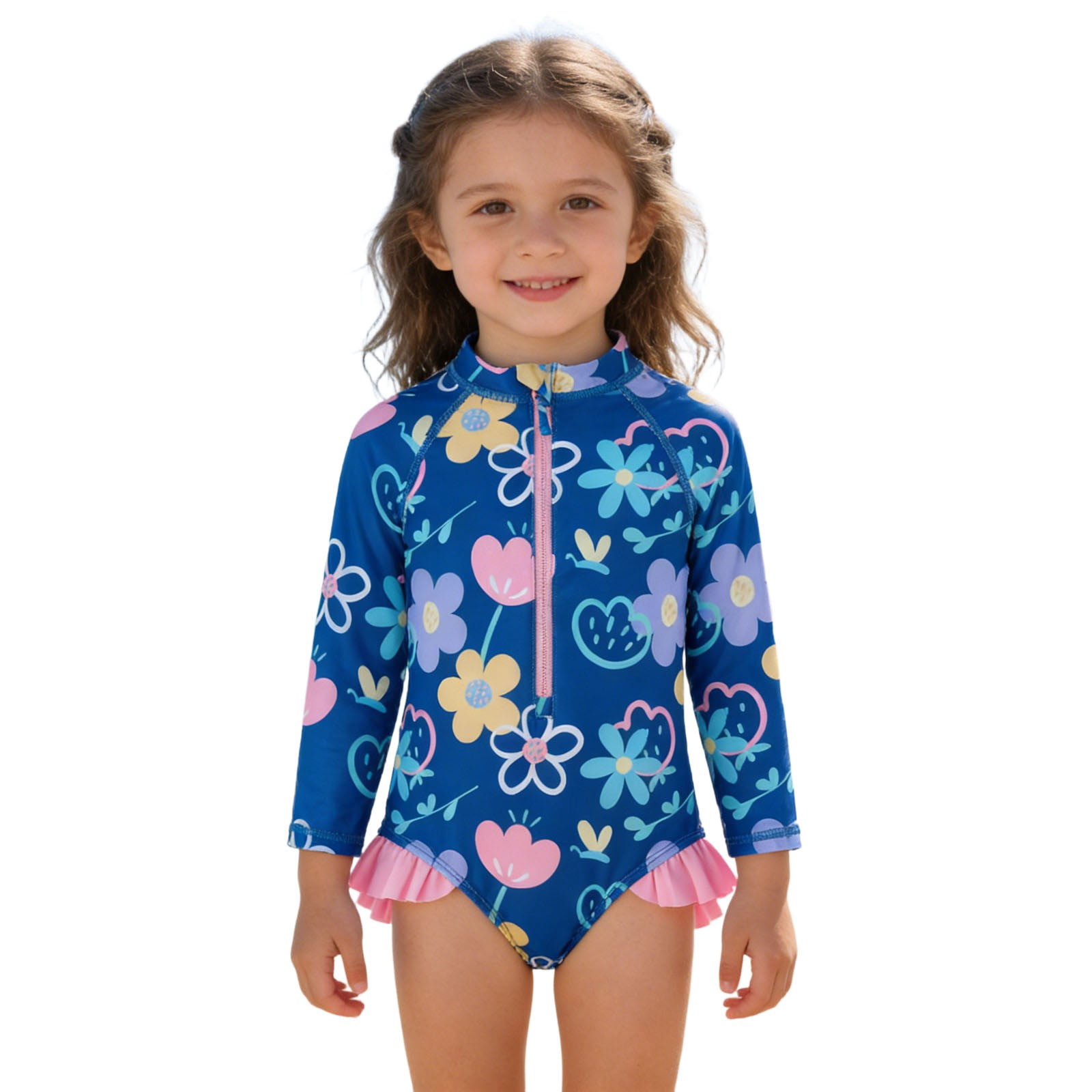WAYUTE Swimsuit for Girls Floral Print Front Zipper Ruffle Long Sleeve ...