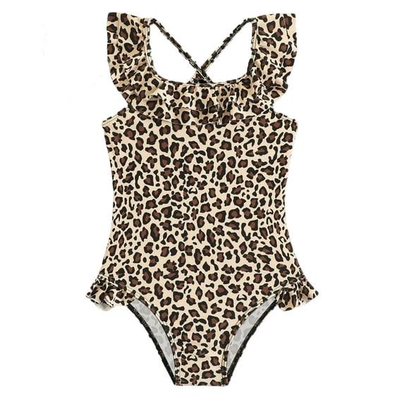 WAYUTE Swimsuit for Girls Leopard Print Frill Cute Ruffle One Piece Bathing Suit for Toddler Kids Party Water Activities