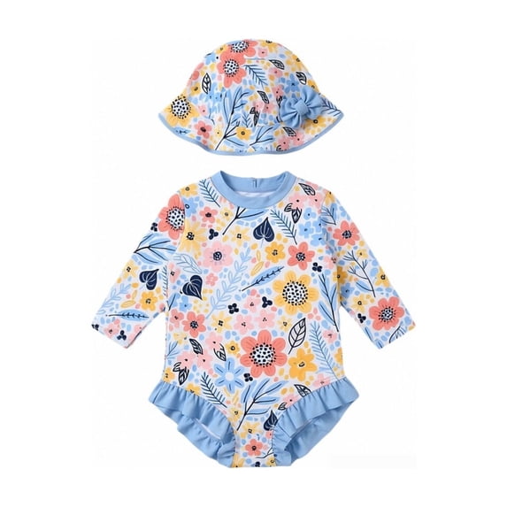 WAYUTE Swimsuit for Girls Long Sleeve Ruffle One Piece Rash Guard with Sun Hat for Baby Swimwear Pool Beach