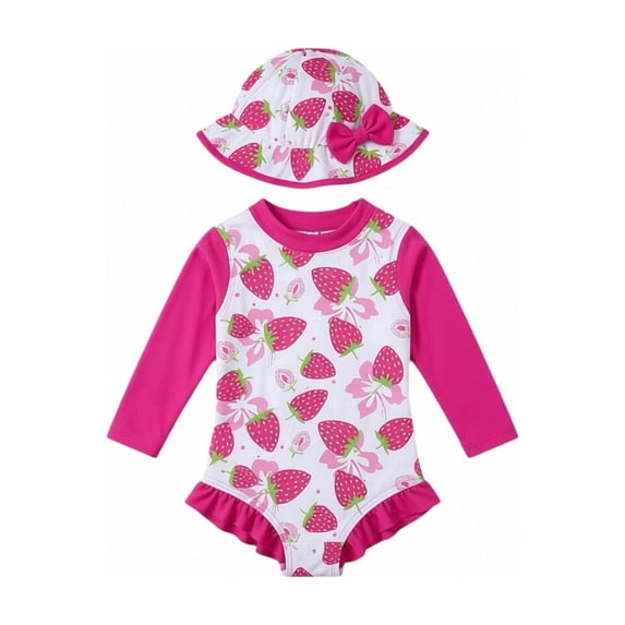 WAYUTE Swimsuit for Girls Long Sleeve Ruffle One Piece Rash Guard with Sun Hat for Baby Swimwear Summer Vacation
