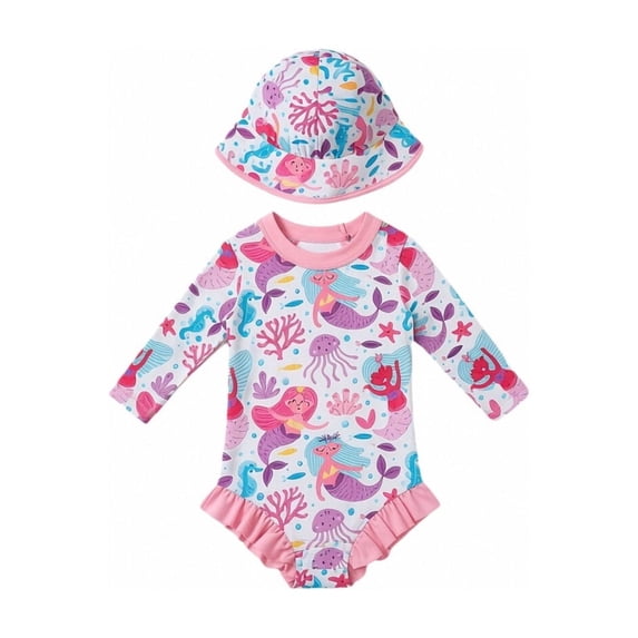 WAYUTE Swimsuit for Girls Long Sleeve Ruffle One Piece Rash Guard with Sun Hat for Baby Swimwear Water Activities