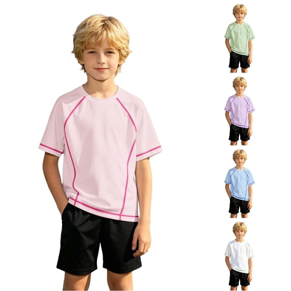 WAYUTE T Shirts for Boys Mesh Short Sleeve Ice Silk Crew Neck Quick Drying Striped Tee Big Kids Sports Workout Shirts Casual Daily Wear,Pink,Size 9-10 Y