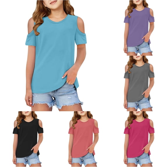 WAYUTE T Shirts for Girls Cold Shoulder Crewneck Solid Color Short Sleeve Summer Tops for Kids Youth Fashion Loose Fit Daily Wear Casual Outdoor Tshirts,Sky Blue