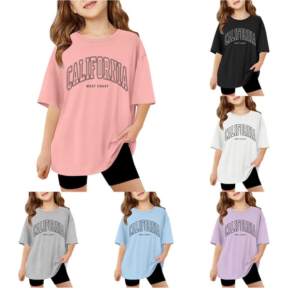 WAYUTE T Shirts for Girls Oversized Short Sleeve Crewneck Letter Printed T Shirts Tops for Kids School Loose Soft Basic Tees Outdoor Casual Tshirt,Pink