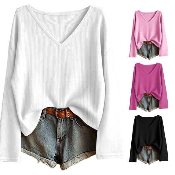 WAYUTE T Shirts for Women V Neck Ribbed Knit Long Sleeve Loose Soft Basic Shirts Solid Color Lightweight Pullover Elegant T-Shirt Casual Daily Wear,White,XL