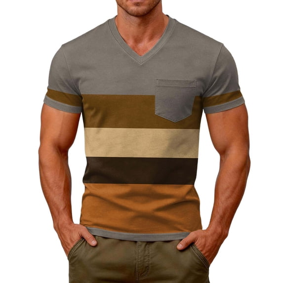 WAYUTE T Shirts for Man Striped Printed V Neck Short Sleeve Patchwork Color Stretch Fit Basic Top with Front Pocket Beachwear Casual Outdoor T Shirt