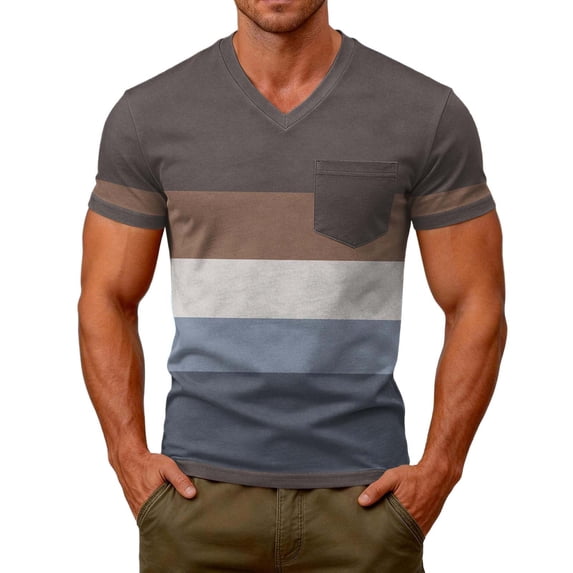 WAYUTE T Shirts for Man Striped Printed V Neck Short Sleeve Patchwork Color Stretch Fit Basic Top with Front Pocket Beachwear Summer Outdoor T-Shirt