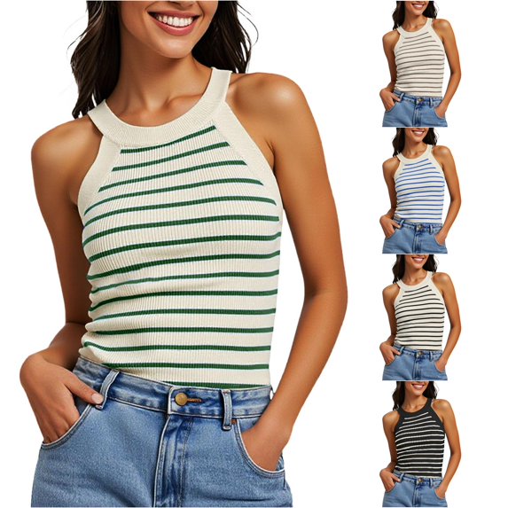 WAYUTE Tank Tops for Women Striped Ribbed Halter Tank Top Sleeveless Stretch Slim Fit Summer Beach Layering Camisole Shirt Versatile Casual Daily Wear,Green,XL