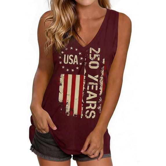WAYUTE Tank Tops for Women 4th of July Independence Day V Neck US National Flag Print 250Th Anniversary Shirts Festival Outdoor Casual