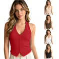 thumbnail image 1 of WAYUTE Tank Tops for Women Button Front Backless Halterneck V Neck Knit Cropped Vest Top Solid Color Layering Work Business,Red,M, 1 of 4