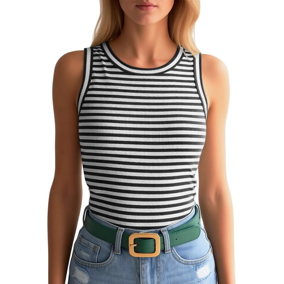 WAYUTE Tank Tops for Women Casual Striped Print Round Neck Sleeveless Slim Fit Nightwear Breathable Basic Top Summer Holiday