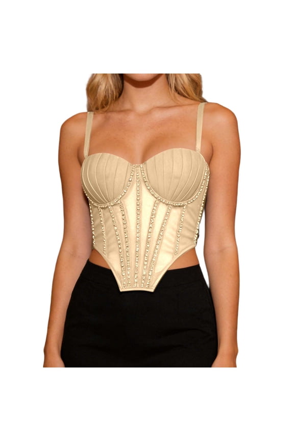 Tank Tops for Women Mesh Camisole Top with Built In Bra Shining Rhinestone Detachable Straps Bustier for Evening Party Wear