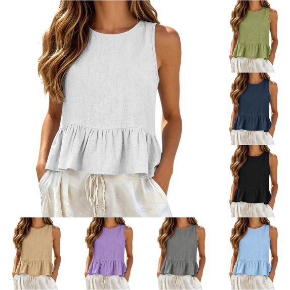 WAYUTE Tank Tops for Women Ruffle Hem Crew Neck Sleeveless Solid Color Tank Blouse Soft Breathable Summer Beach Vest Shirts,White,XL