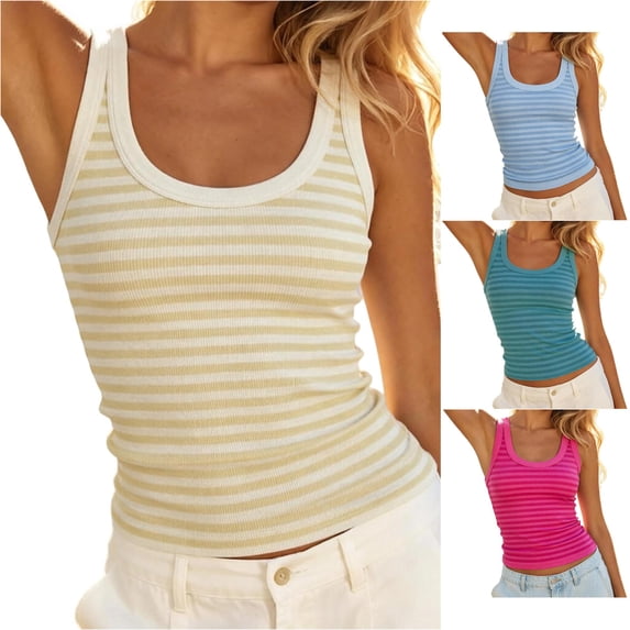 WAYUTE Tank Tops for Women Square Neck Striped Sleeveless Knit Crop Tank Top Soft Stretchy Fit Casual Camisole Summer Layering,Yellow,2XL