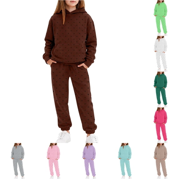 WAYUTE Girl Outfits Polka Dot Print Long Sleeve Hooded Sweatshirt and Jogger Pants for Kids Playful Comfort Fashion Clothing Set Casual Daily Wear,Coffee,Size 12-13 Y