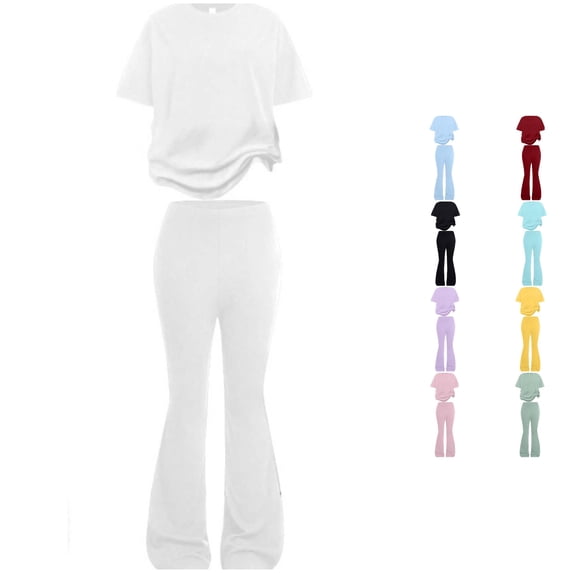 WAYUTE Girls 2 Piece Outfits Solid Color Crew Neck Short Sleeve Top and High Waist Stretch Flared Leg Pants Kids Loungewear Fashion Clothes Sets Casual Outdoor,White,Size 8-9 Y