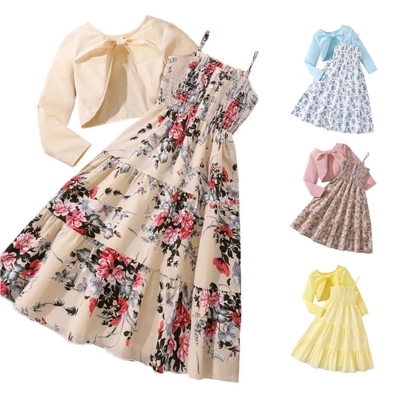 WAYUTE Girls Fall Outfits Floral Print Spaghetti Straps A Line Dress with Ruffled Long Sleeve Knit Cardigan Kids 2 Piece Clothes Sets Casual Outdoor,White,Size 11-12 Y