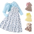 thumbnail image 1 of WAYUTE Teen Girls Fall Outfits Floral Print Spaghetti Straps A Line Dress with Ruffled Long Sleeve Knit Cardigan Kids 2 Piece Clothing Set Casual Outdoor,Blue,Size 9-10 Y, 1 of 7