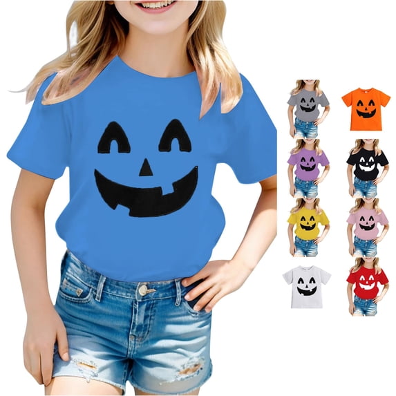 WAYUTE Toddler Baby Boy Halloween Shirts Cute Pumpkin Graphic T Shirts for Kids Short Sleeve Crew Neck Fashion Tops Casual Daily Wear,Blue,Size 3-4 Y