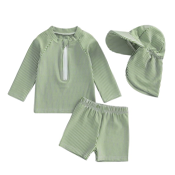 WAYUTE Toddler Baby Boys Long Sleeve Swimsuit Striped Rash Guard Trunks Bathing Suit Swimwear with Hat 3 Piece Summer Beach Pool