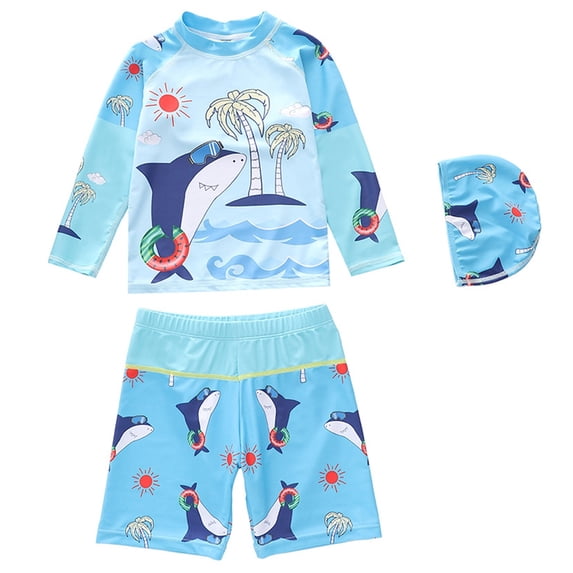 WAYUTE Toddler Boys Swimsuit 3 Piece Long Sleeve Rash Guard Swim Trunks Set Quick Drying Shark Printed Summer Beach Pool