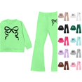 thumbnail image 1 of WAYUTE Toddler Girls Fall Outfits Bow Graphic Print Long Sleeve Pullover and Flare Pants Kids 2 Piece Soft Fashion Streetwear Clothes Sets Casual Daily Wear,Green,Size 8-9 Y, 1 of 4