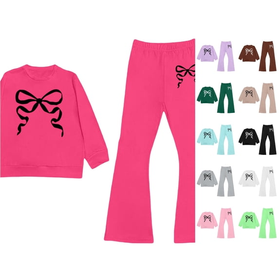 WAYUTE Toddler Girls Fall Outfits Bow Graphic Print Long Sleeve Pullover and Flare Pants Kids 2 Piece Soft Fashion Streetwear Clothes Sets Casual Daily Wear,Hot Pink,Size 3-4 Y
