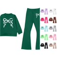 thumbnail image 1 of WAYUTE Toddler Girls Fall Outfits Bow Graphic Print Long Sleeve Pullover and Flare Pants Kids 2 Piece Soft Fashion Streetwear Clothing Set Casual Daily Wear,Dark Green,Size 5-6 Y, 1 of 4