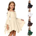 thumbnail image 1 of WAYUTE Toddler Girls Off the Shoulder Dresses High Elastic Waist Long Bell Sleeve Irregular Hem Solid Color Flared Dress Court Style Casual Holiday,Beige,Size 6-7 Y, 1 of 7