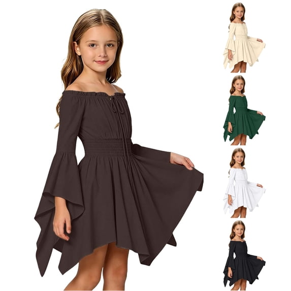 WAYUTE Toddler Girls Off the Shoulder Dresses High Elastic Waist Long Bell Sleeve Irregular Hem Solid Color Flared Dress Court Style Casual Outdoor,Brown,Size 6-7 Y