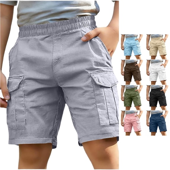 WAYUTE Toddler Kids Boy Classic Linen Cargo Shorts Elastic Waist Straight Leg Solid Color Cotton Soft Blend Summer Shorts Casual School,Light Gray,Size 4 Y-5 Y