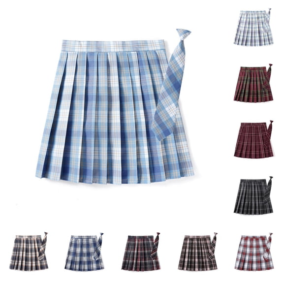 WAYUTE Uniform Skirts for Girls Blue Elegant Plaid Pleated Tiered High Waisted A Line Skirt with Built in Shorts and Tie Clothes Set Casual Outdoor,17-18 Y