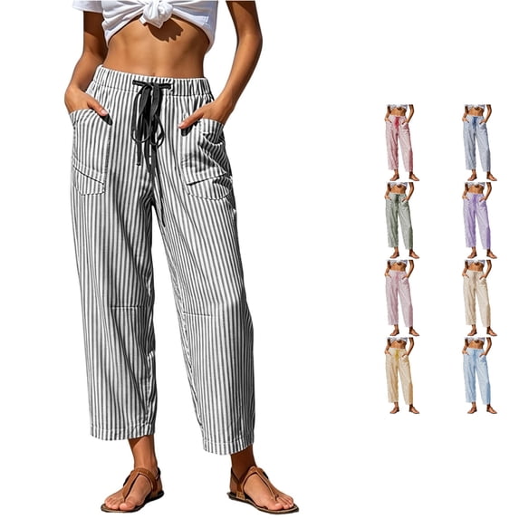 WAYUTE Women Casual Pants with Drawstring and Pockets Striped Print Straight Leg Loose Fit Comfortable Trousers Versatile Outdoor,Black,L