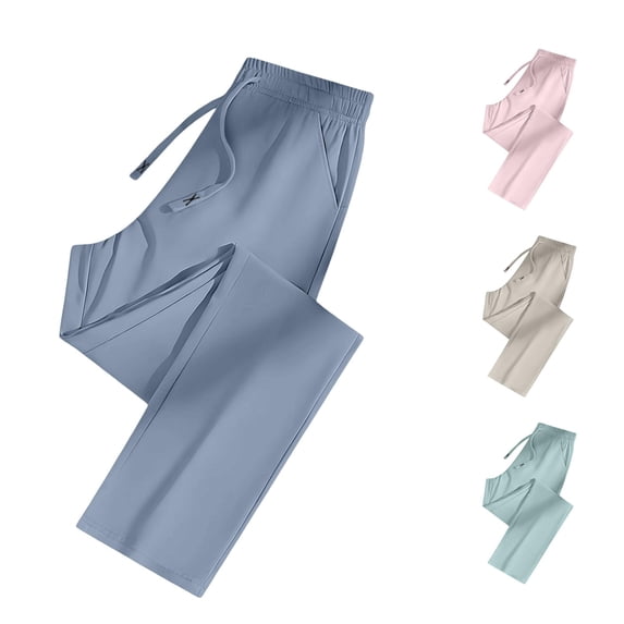 WAYUTE Women Ice Silk Straight Leg Sweatpants Drawstring High Waist Lightweight Cooling Loose Long Walking Trousers with Pockets Casual Outdoor,Blue,M